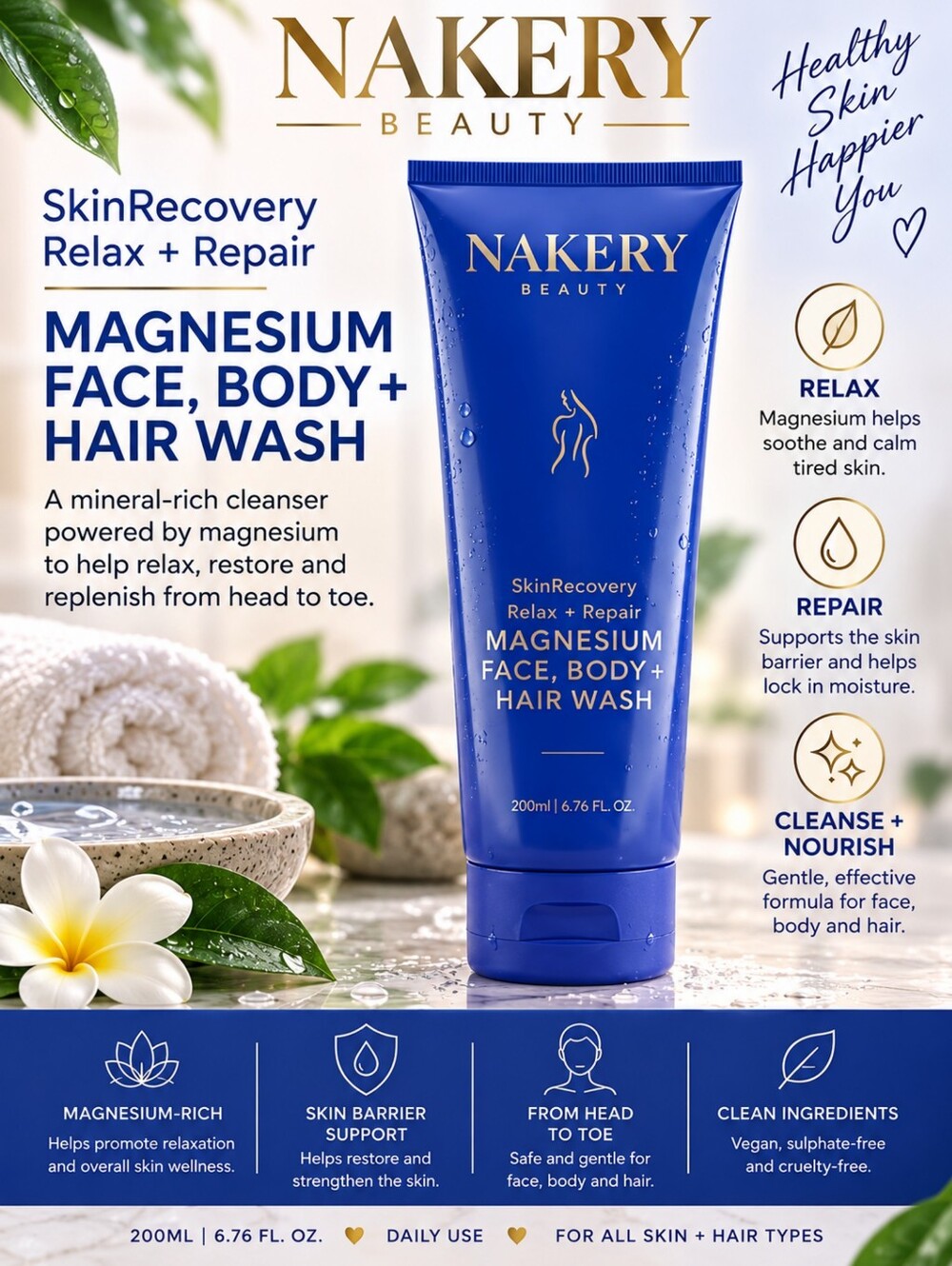 Nakery Beauty SkinRecovery Relax + Repair Magnesium Face, Body, + Hair Wash